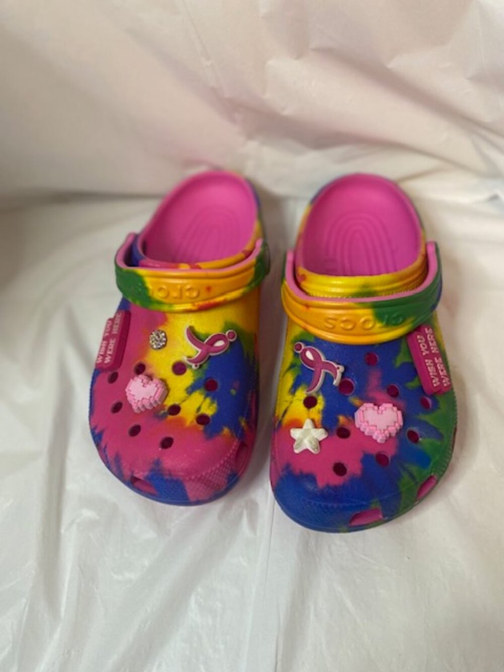 Crocs Classic Tie Dye Mania Clog Multi color With Custom Jibbitz, Women's size 7